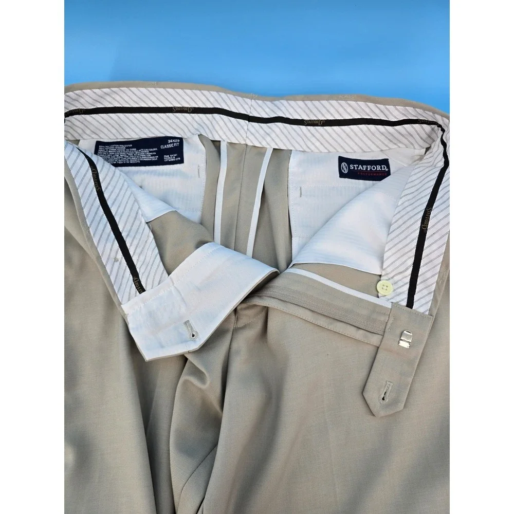 Stafford Dress Pants Men 34X29 Beige Classic‎ Flat Front Comfort Office Church
